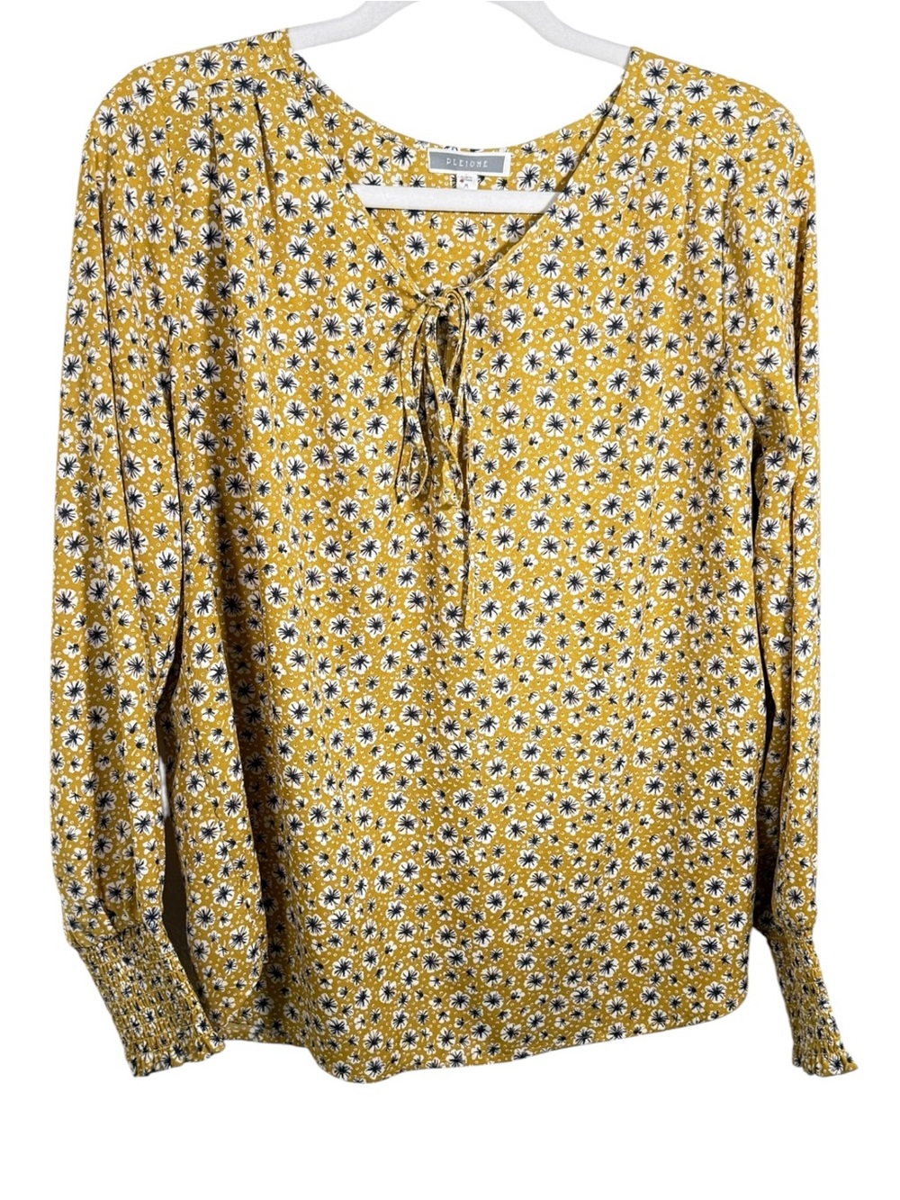Pleione Floral Tie-Front Long-Sleeve Blouse Mustard Yellow Size Medium